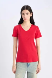 DeFacto Slim Fit Narrow Cut V-Neck Basic Plain Rib Short Sleeve T-Shirt - Image 3