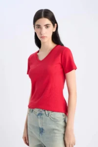 DeFacto Slim Fit Narrow Cut V-Neck Basic Plain Rib Short Sleeve T-Shirt - Image 4