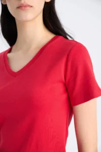 DeFacto Slim Fit Narrow Cut V-Neck Basic Plain Rib Short Sleeve T-Shirt - Image 5