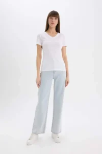 DeFacto Slim Fit Narrow Cut V Neck Ribbed Basic Plain Short Sleeve White T-Shirt I1080az25sp - Image 2