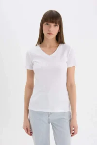 DeFacto Slim Fit Narrow Cut V Neck Ribbed Basic Plain Short Sleeve White T-Shirt I1080az25sp - Image 3