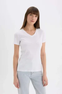 DeFacto Slim Fit Narrow Cut V Neck Ribbed Basic Plain Short Sleeve White T-Shirt I1080az25sp - Image 4