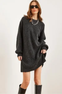 Olalook Women's Anthracite Crew Neck Balloon Sleeve Soft Textured Knitwear Tunic Dress