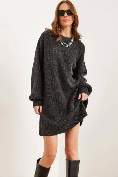 Olalook Women's Anthracite Crew Neck Balloon Sleeve Soft Textured Knitwear Tunic Dress
