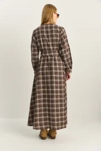 Bianco Lucci Women's Plaid Patterned Crew Neck Belted Flared Cotton Dress 5611 - Image 8