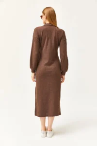Olalook Women's Bitter Brown Polo Neck Slit and Raised Midi Dress - Image 6