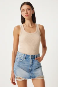 Lovelyİstanbul 2-Piece Ribbed Thick Strap Knitted Undershirt BISCUIT CREAM - Image 2