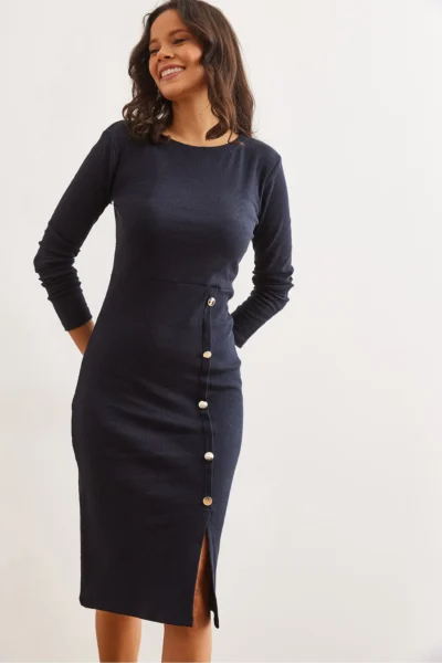Olalook Women's Navy Blue Button Detailed Slit Midi Flexible Dress