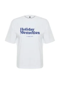 TRENDYOLMİLLA White Printed 100% Thick Cotton relaxed/Casual Cut Knitting T-Shirt - Image 7