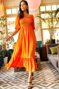 Olalook Women's Orange Glittered Square Collar Bodrum Dress - Image 3