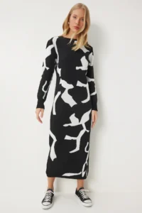 Happiness İstanbul Women's Black and White Patterned Long Knitwear Dress - Image 2