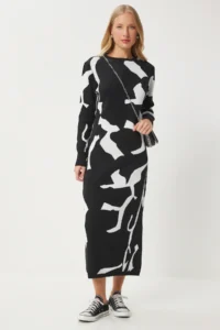 Happiness İstanbul Women's Black and White Patterned Long Knitwear Dress - Image 5