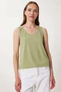 Happiness İstanbul Women Khaki Flowy Comfortable Knitting Tank Top - Image 2