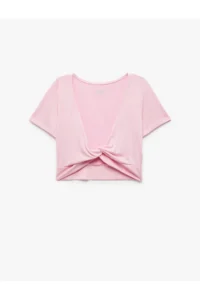 Koton V-Neck Ruffle Detailed Modal Blend Crop Sports T-Shirt - Image 3
