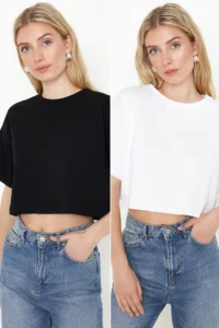 TRENDYOLMİLLA Black-White 2 Sets Package 100% Cotton Relax/Comfortable Cut Crop Knitting T-Shirt