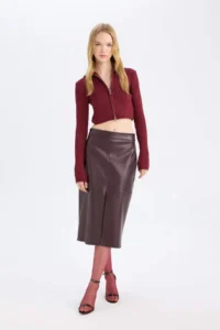 DeFacto High Waist Combed Cotton Lined Slit Midi Faux Leather Claret Red Pencil Skirt - Image 5