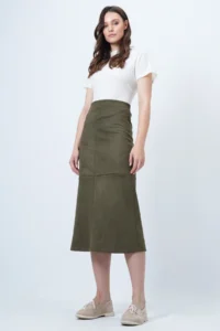 Trend Alaçatı Stili Women's Khaki Hidden Zipper Stitching Detailed Faux Suede Maxi Length Skirt Alc-X14407 - Image 4