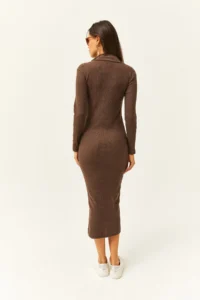Olalook Women's Bitter Brown Zippered Stand-Up Collar Long Lycra Dress - Image 6