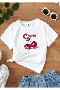 twins tailors Cherry Printed 3 Pack White-Black-White Girl's T-Shirt - Image 2