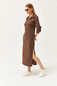 Olalook Women's Bitter Brown Polo Neck Slit and Raised Midi Dress - Image 3