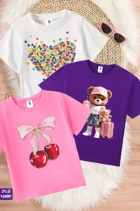 twins tailors Heart And Cherry Printed 3-Pack Pink-White-Purple Girls' T-Shirts