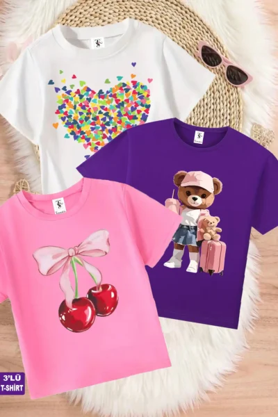 twins tailors Heart And Cherry Printed 3-Pack Pink-White-Purple Girls' T-Shirts