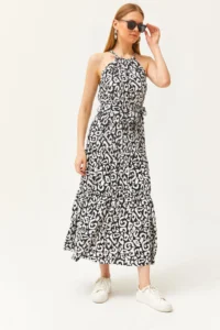 Olalook Women's Ethnic Black White Halter Neck Belted Woven Viscon Dress