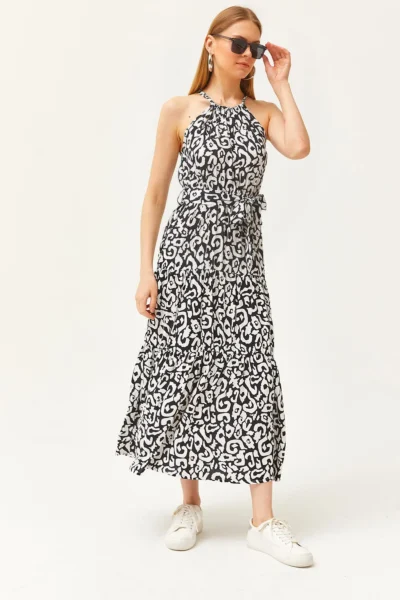 Olalook Women's Ethnic Black White Halter Neck Belted Woven Viscon Dress