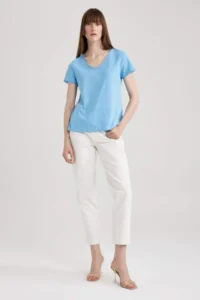 DeFacto Regular Fit V-Neck Short Sleeve 100% Cotton T-Shirt - Image 2