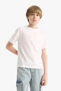 DeFacto Crew Neck Basic Plain Short Sleeve School T-Shirt for Boys - Image 3