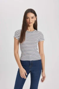 DeFacto Fitted Crew Neck Striped Ribbed Camisole Short Sleeve T-Shirt