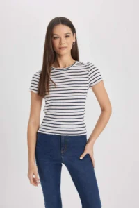 DeFacto Fitted Crew Neck Striped Ribbed Camisole Short Sleeve T-Shirt - Image 3