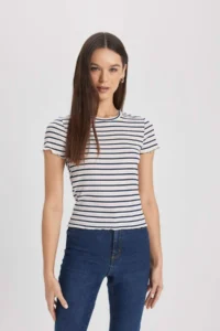 DeFacto Fitted Crew Neck Striped Ribbed Camisole Short Sleeve T-Shirt - Image 4