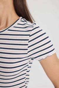 DeFacto Fitted Crew Neck Striped Ribbed Camisole Short Sleeve T-Shirt - Image 5
