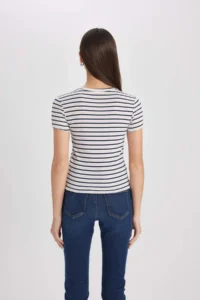 DeFacto Fitted Crew Neck Striped Ribbed Camisole Short Sleeve T-Shirt - Image 6