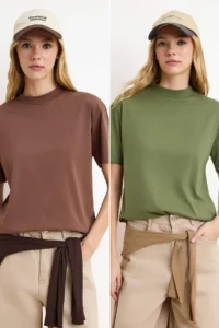 TRENDYOLMİLLA Brown-Khaki 2 Sets Package 100% Cotton Basic Dog collar Knitting T-Shirt