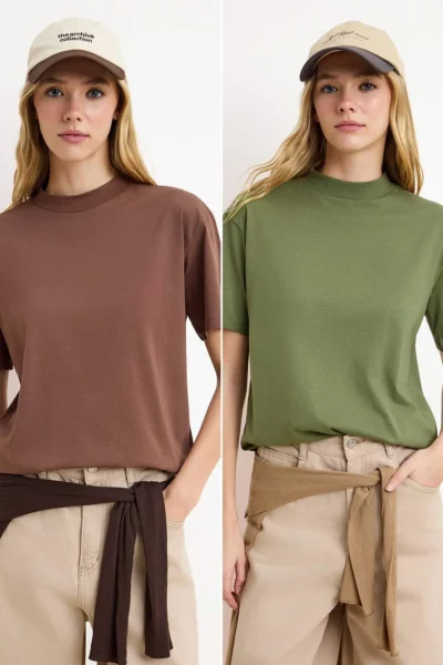 TRENDYOLMİLLA Brown-Khaki 2 Sets Package 100% Cotton Basic Dog collar Knitting T-Shirt