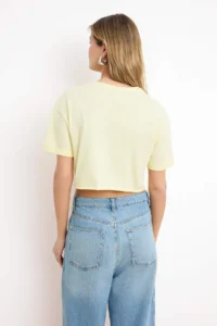 TRENDYOLMİLLA Yellow Boxy Drop Sleeve Short Sleeve 100% Cotton Knitting T-Shirt - Image 4