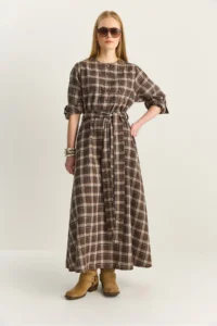 Bianco Lucci Women's Plaid Patterned Crew Neck Belted Flared Cotton Dress 5611 - Image 5
