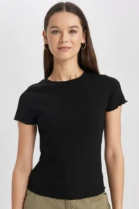 DeFacto Fitted Crew Neck Ribbed Camisole Basic Plain Short Sleeve Black T-Shirt K7064az24sm