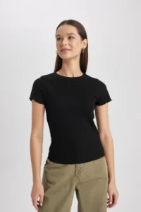 DeFacto Fitted Crew Neck Ribbed Camisole Basic Plain Short Sleeve Black T-Shirt K7064az24sm - Image 3
