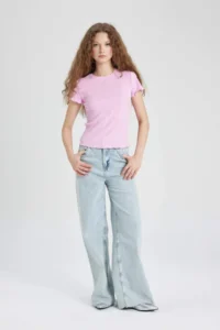 DeFacto Fitted Crew Neck Ribbed Camisole Basic Plain Short Sleeve T-Shirt - Image 2