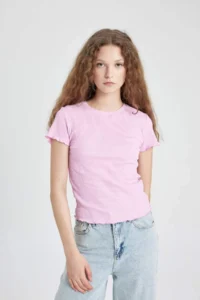 DeFacto Fitted Crew Neck Ribbed Camisole Basic Plain Short Sleeve T-Shirt - Image 3