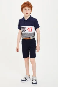 DeFacto Navy Blue Boy's Brooklyn Printed Color Blocked Polo Neck T-Shirt - Image 2