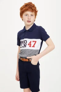 DeFacto Navy Blue Boy's Brooklyn Printed Color Blocked Polo Neck T-Shirt - Image 3