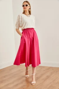 Olalook Women's Fuchsia Pocketed Elastic Waist Midi Woven Bell Skirt - Image 3