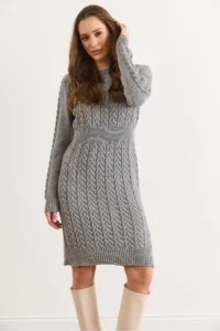 Olalook Women's Gray Banded Waist Slit Hair Knitted Mini Dress - Image 6