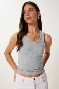 Happiness İstanbul Women's Gray Washed Stretchy Ribbed Knitted Undershirt