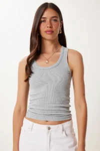 Happiness İstanbul Women's Gray Washed Stretchy Ribbed Knitted Undershirt - Image 2