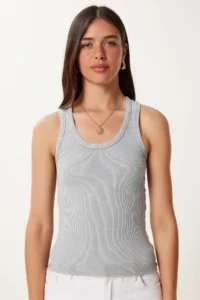 Happiness İstanbul Women's Gray Washed Stretchy Ribbed Knitted Undershirt - Image 3